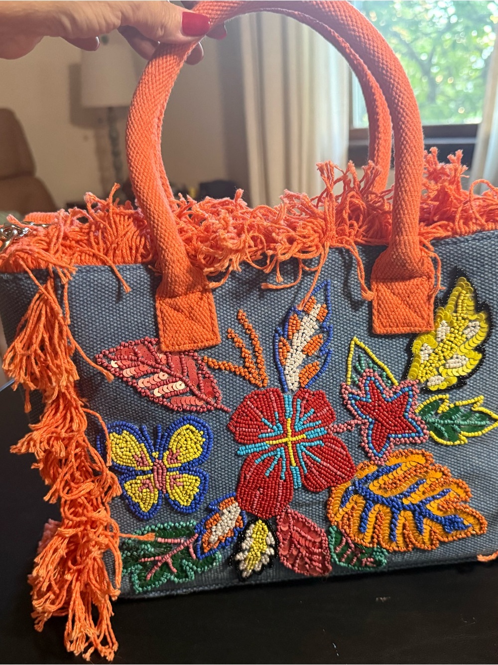 America & Beyond Orange-Fringe Trim Beaded Floral Tote Bag